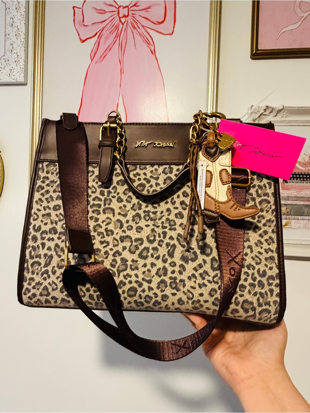 NWT ⭐️ Betsey Johnson Leopard Print Satchel with Brown Trim and Gold Hardware